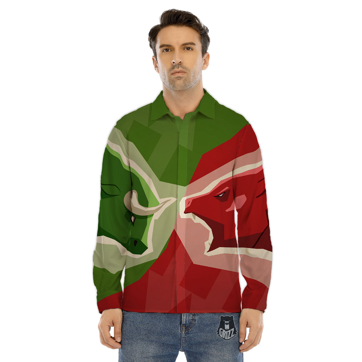 Red Bear And Green Bull Stock Print Men's Dress Shirts-grizzshop