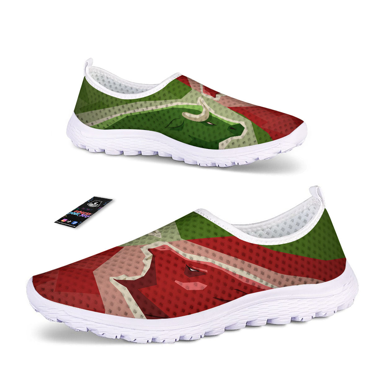 Red Bear And Green Bull Stock Print Nurse Shoes-grizzshop