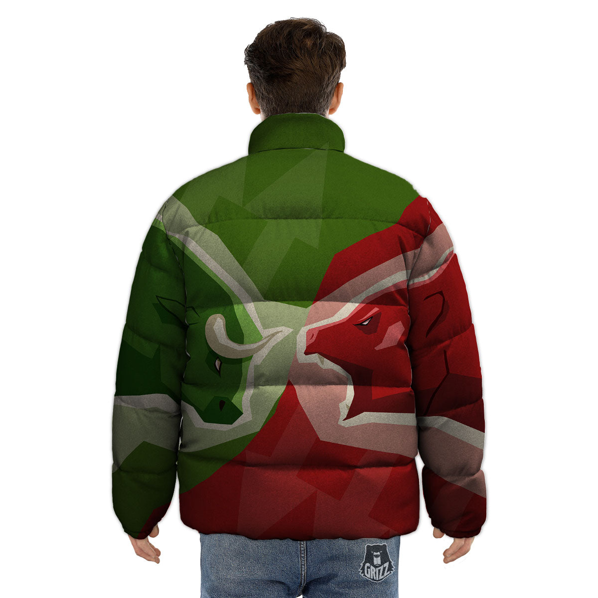 Red Bear And Green Bull Stock Print Puffer Jacket-grizzshop