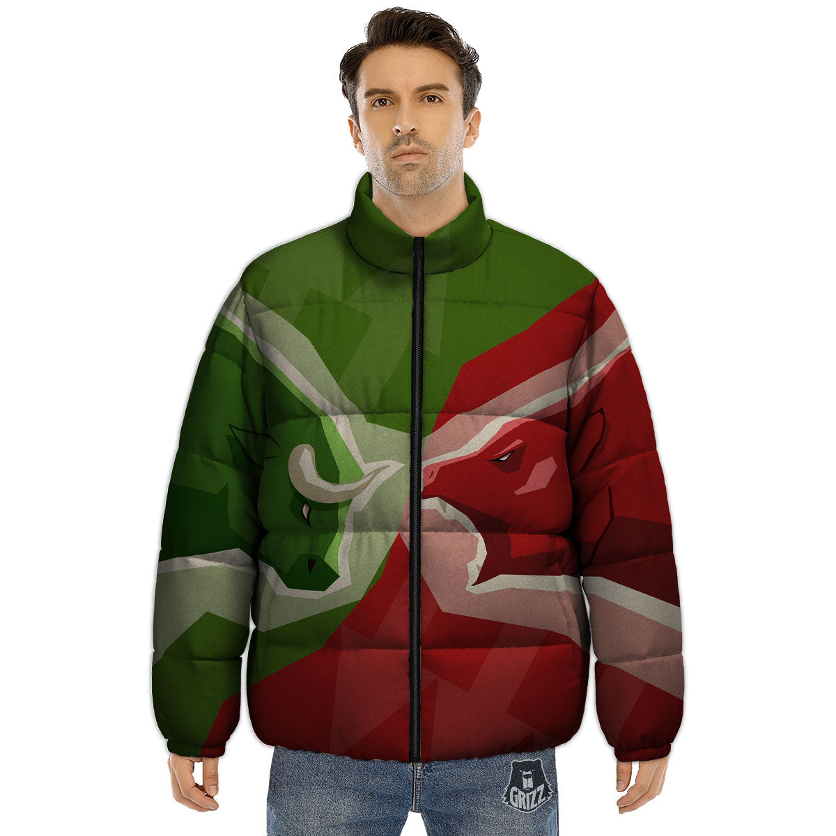 Red Bear And Green Bull Stock Print Puffer Jacket-grizzshop