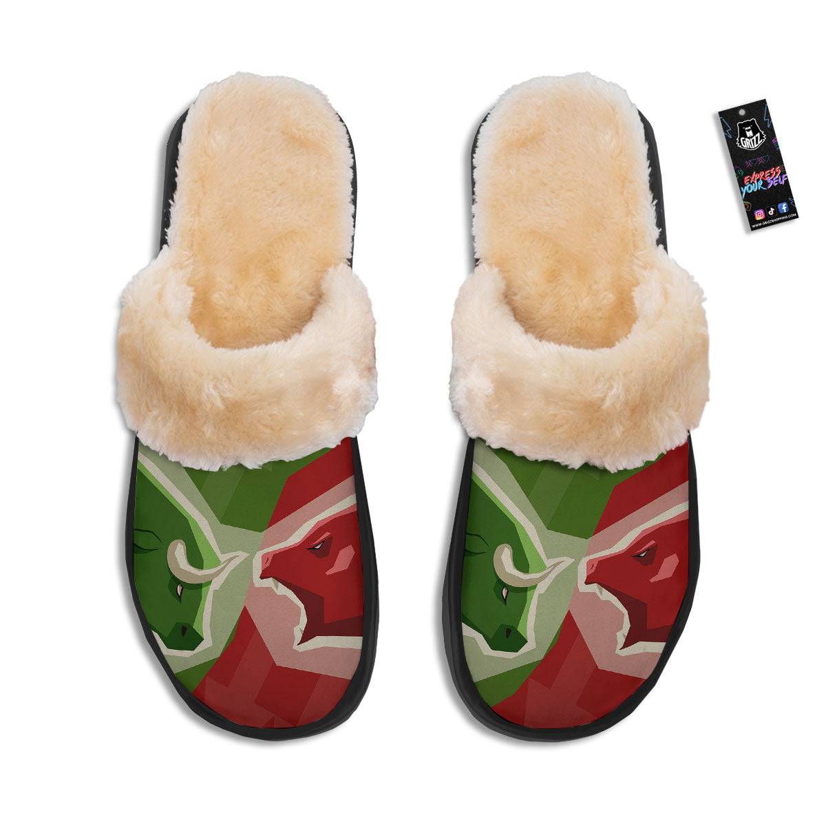 Red Bear And Green Bull Stock Print Slippers-grizzshop
