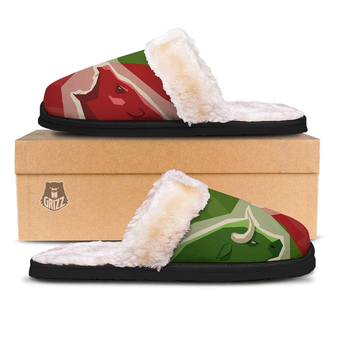 Red Bear And Green Bull Stock Print Slippers-grizzshop