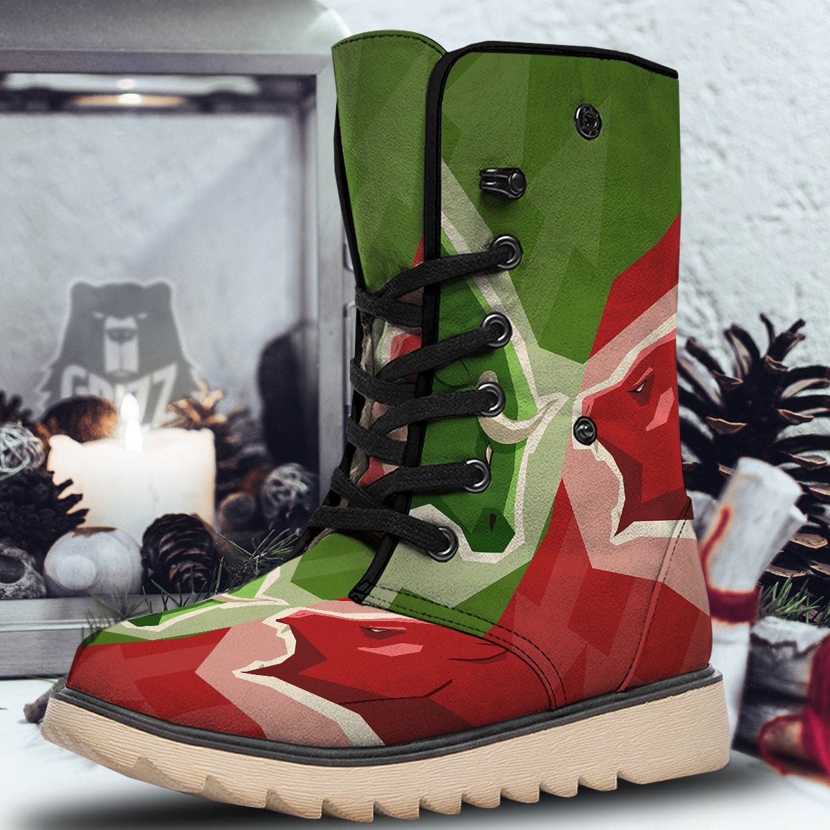 Red Bear And Green Bull Stock Print Snow Boots-grizzshop