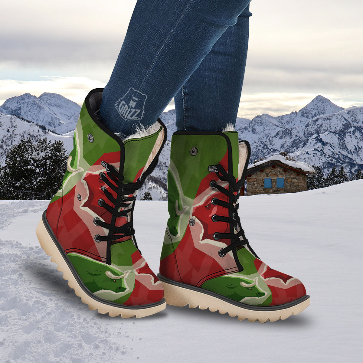 Red Bear And Green Bull Stock Print Snow Boots-grizzshop