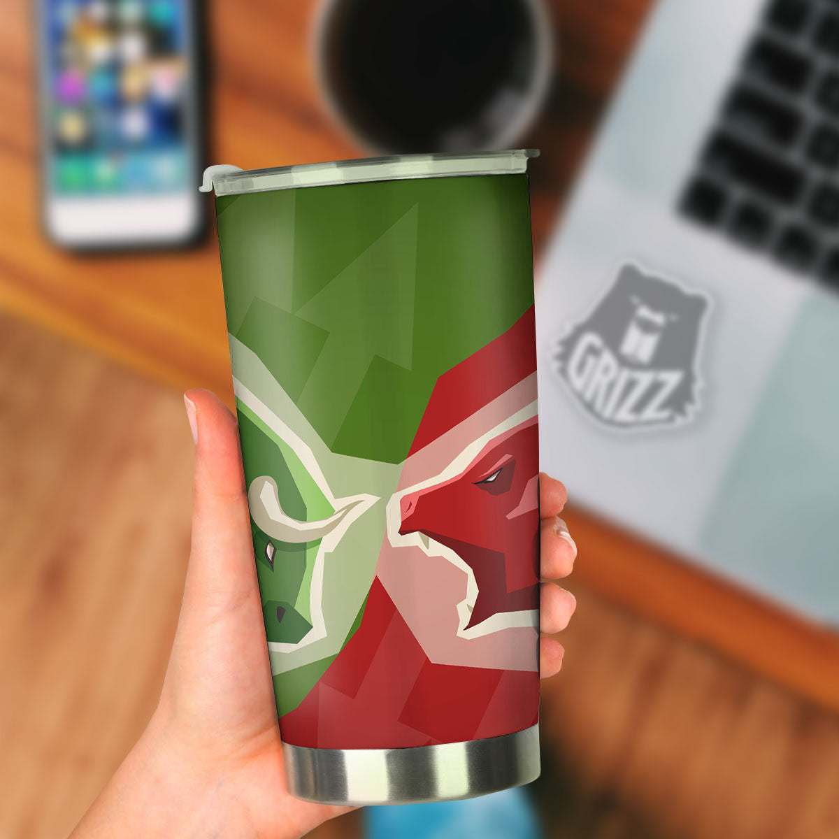 Red Bear And Green Bull Stock Print Tumbler-grizzshop