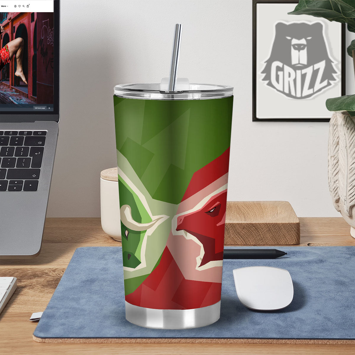Red Bear And Green Bull Stock Print Tumbler-grizzshop