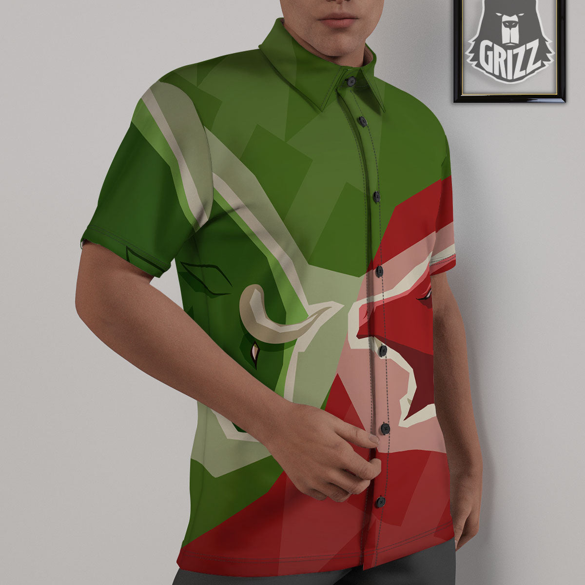 Red Bear And Green Bull Stock Print Untucked Shirts-grizzshop