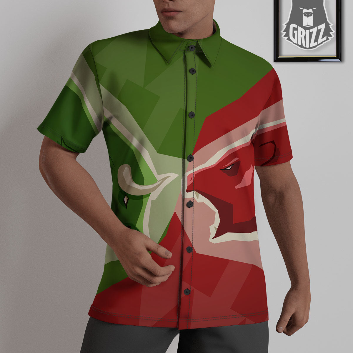 Red Bear And Green Bull Stock Print Untucked Shirts-grizzshop