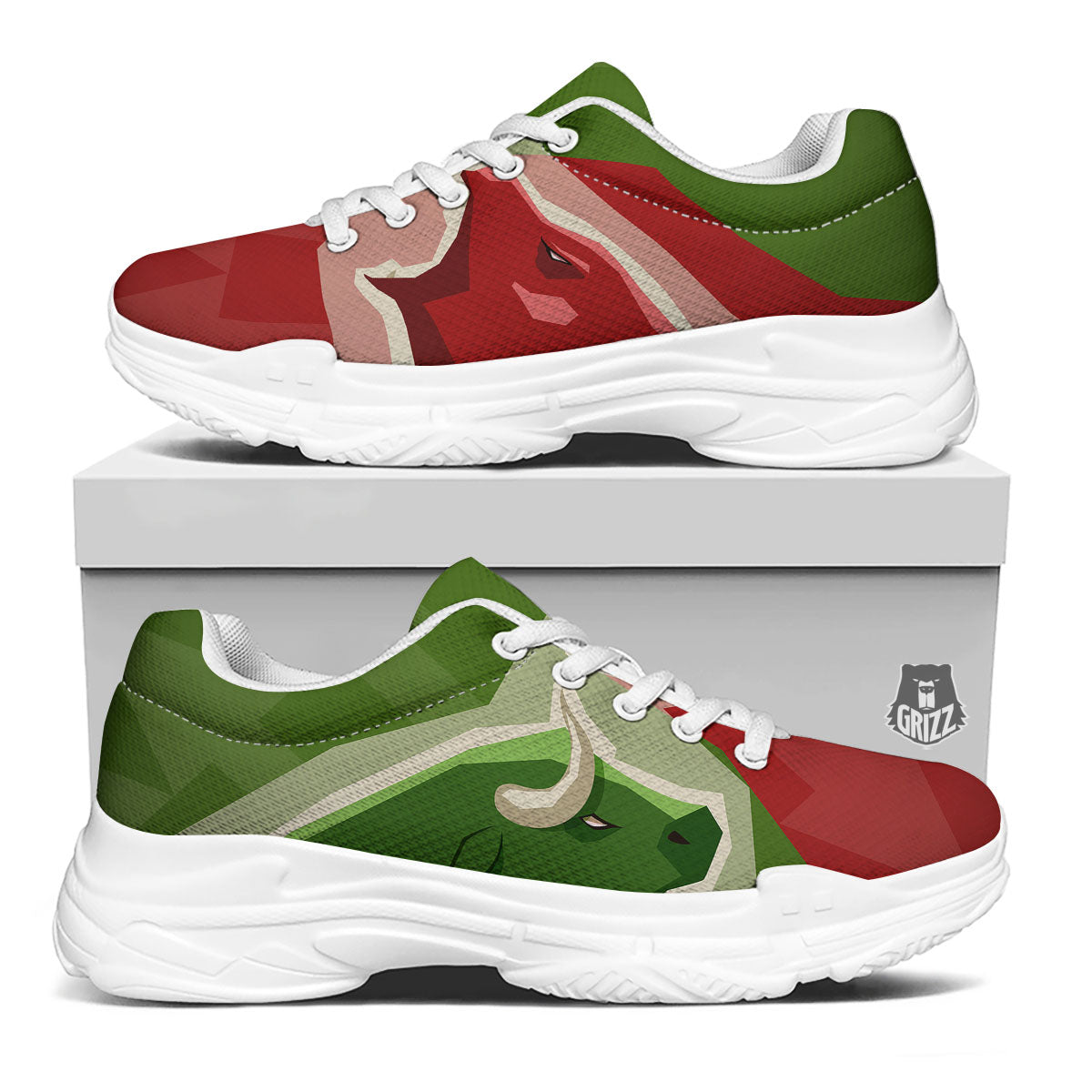 Red Bear And Green Bull Stock Print White Chunky Shoes-grizzshop