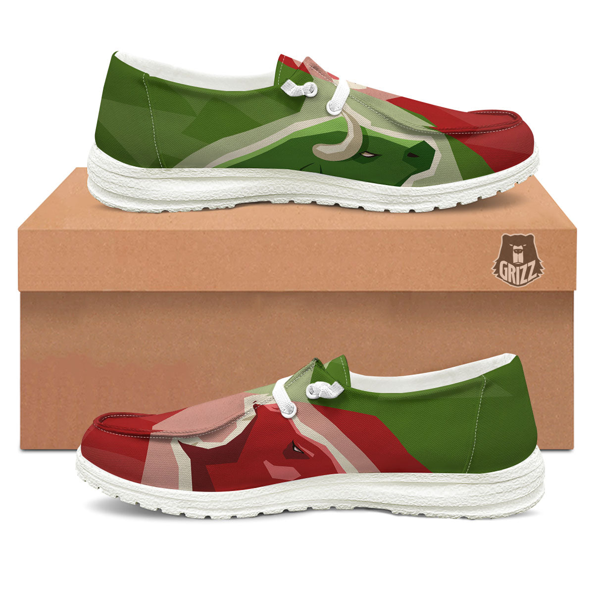 Red Bear And Green Bull Stock Print White Loafers-grizzshop