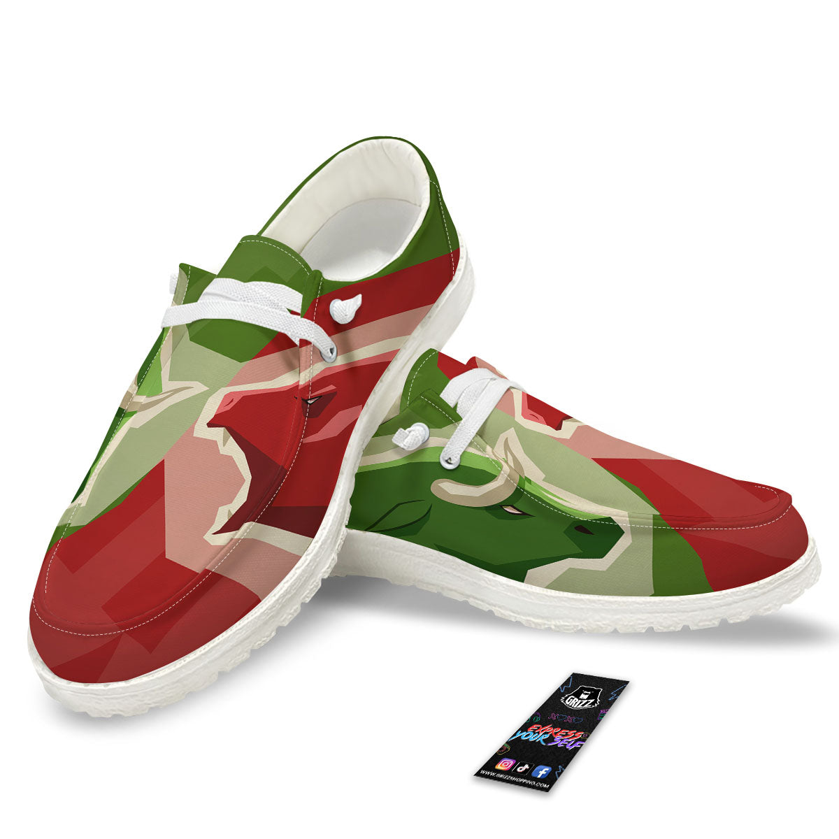 Red Bear And Green Bull Stock Print White Loafers-grizzshop