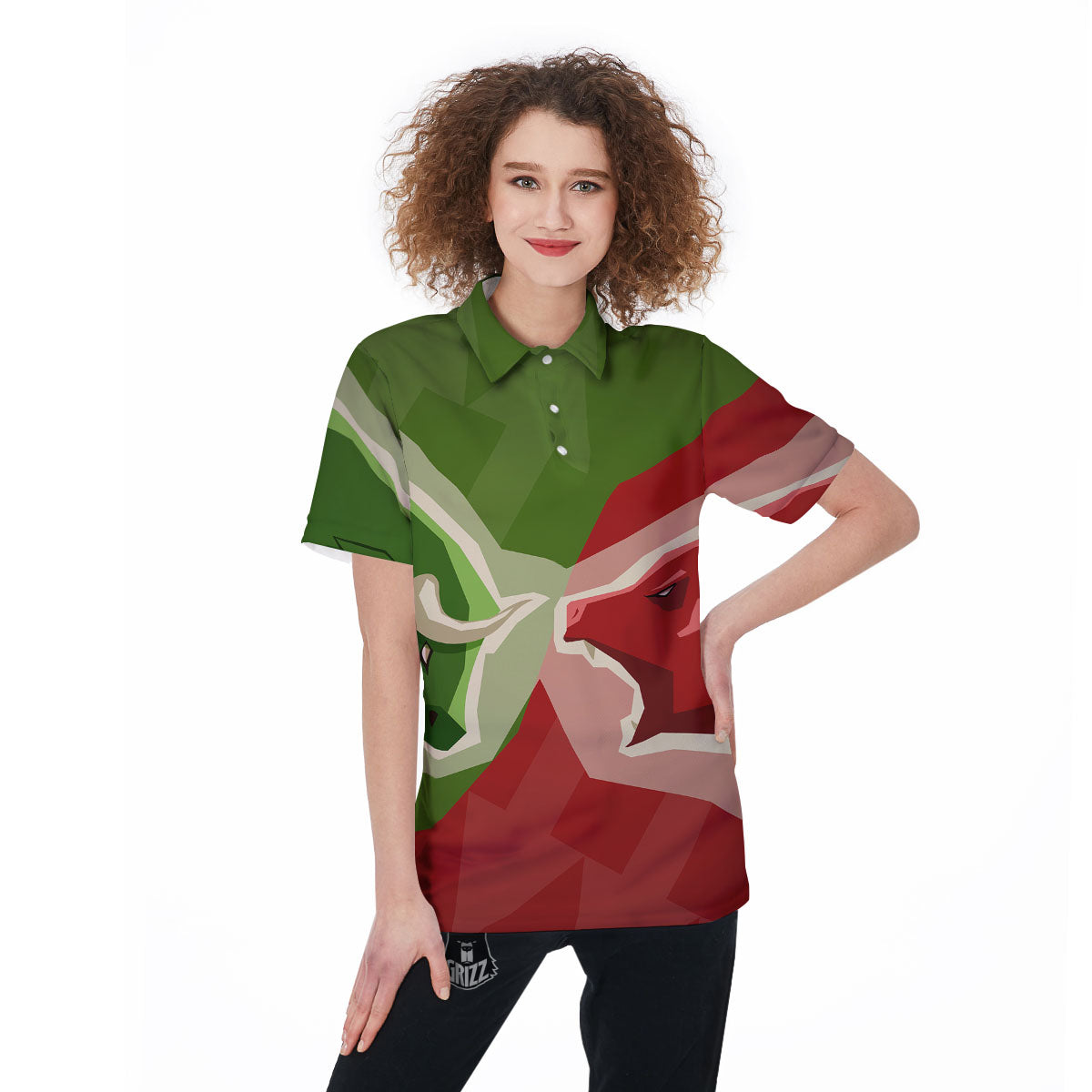 Red Bear And Green Bull Stock Print Women's Golf Shirts-grizzshop