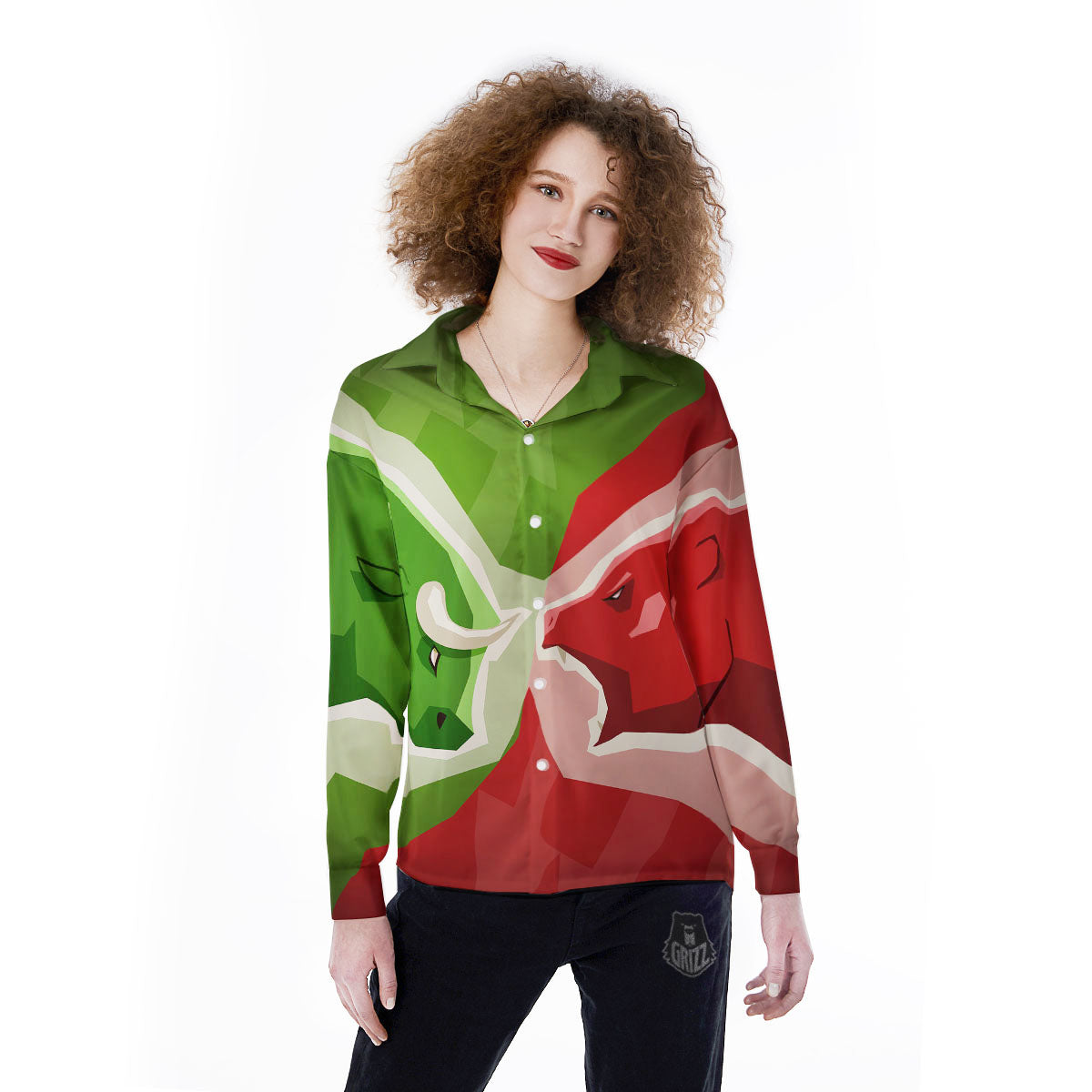 Red Bear And Green Bull Stock Print Women's Long Sleeve Shirts-grizzshop