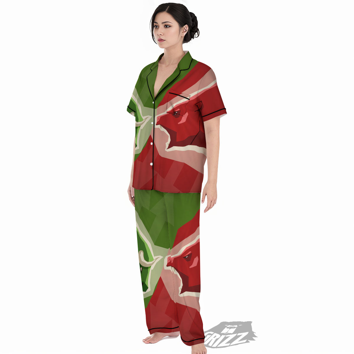 Red Bear And Green Bull Stock Print Women's Pajamas Set-grizzshop