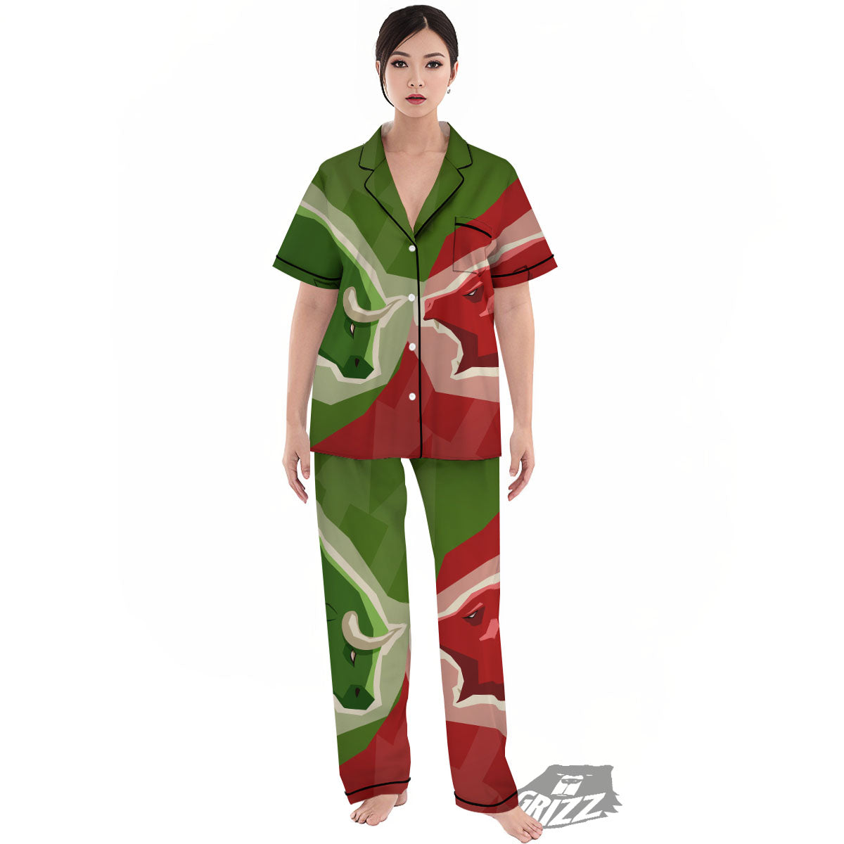 Red Bear And Green Bull Stock Print Women's Pajamas Set-grizzshop