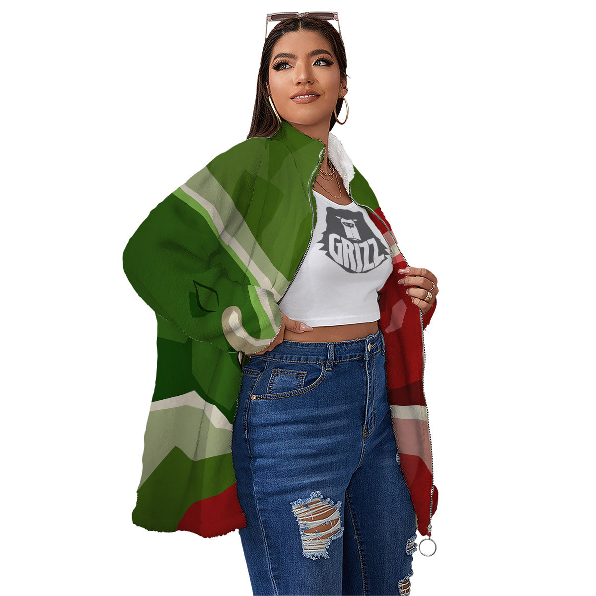 Red Bear And Green Bull Stock Print Women's Sherpa Jacket-grizzshop