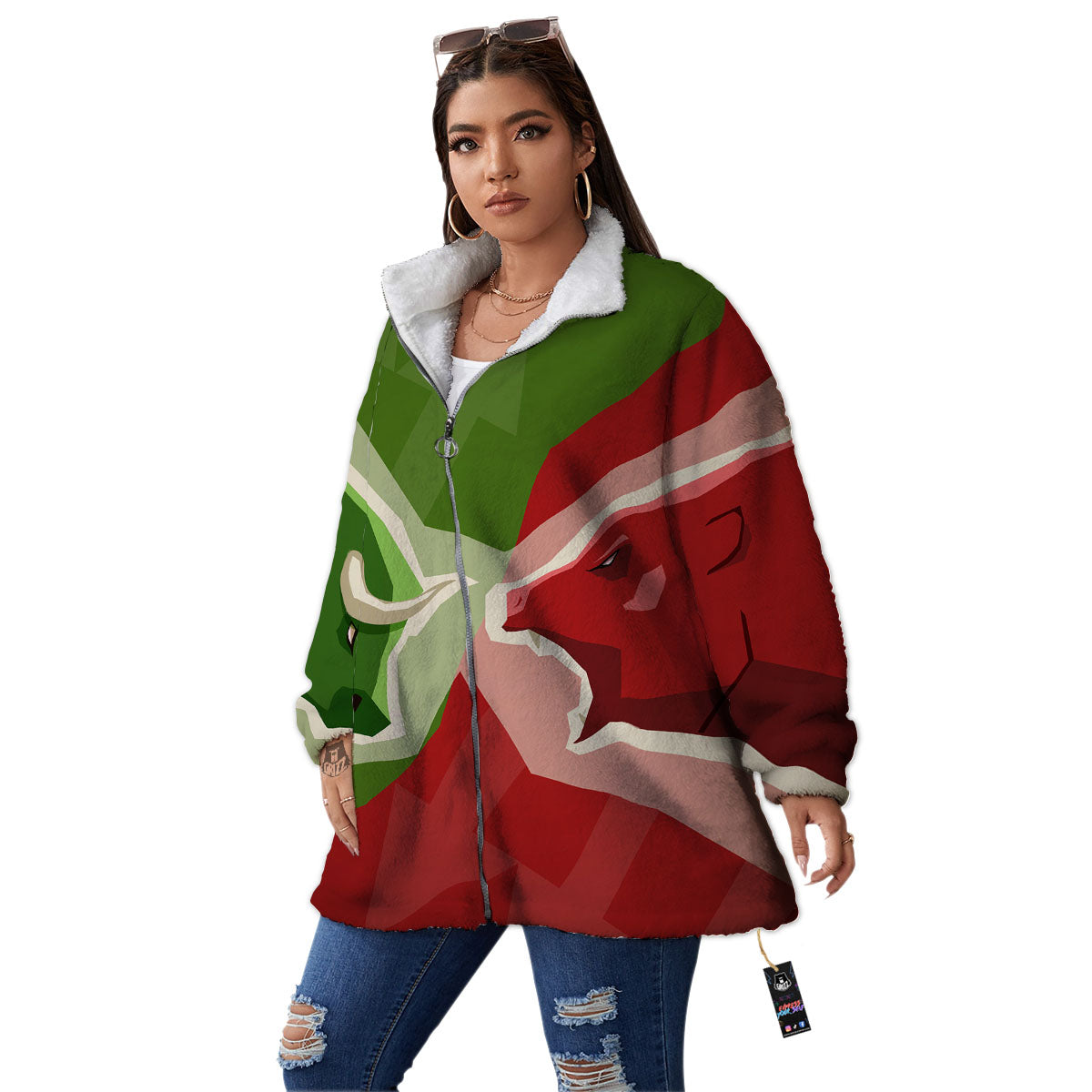 Red Bear And Green Bull Stock Print Women's Sherpa Jacket-grizzshop