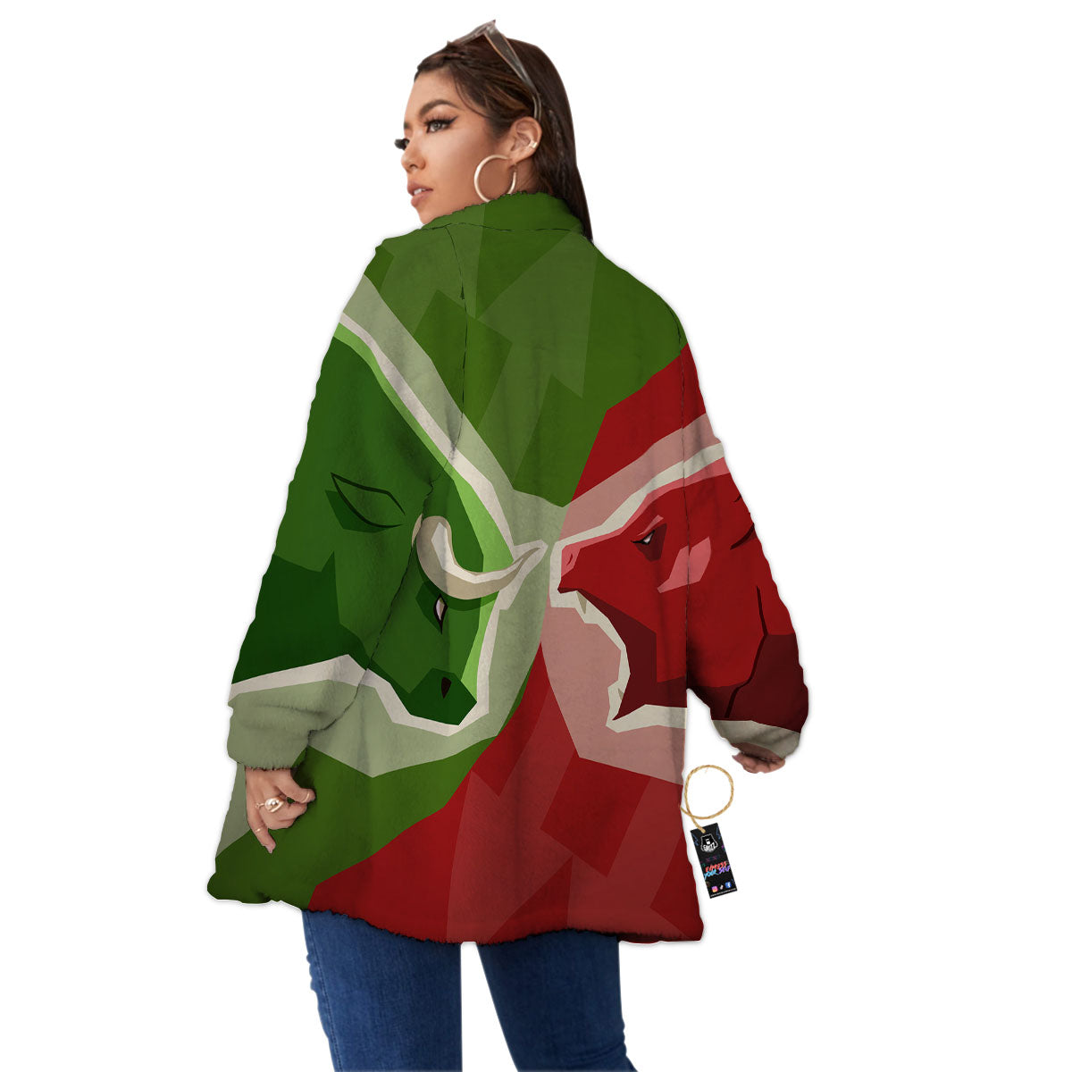Red Bear And Green Bull Stock Print Women's Sherpa Jacket-grizzshop