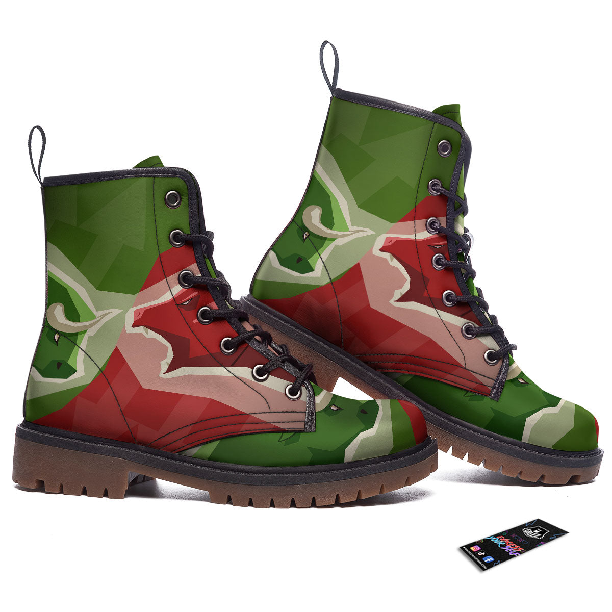 Red Bear And Green Bull Stock Print Work Boots-grizzshop