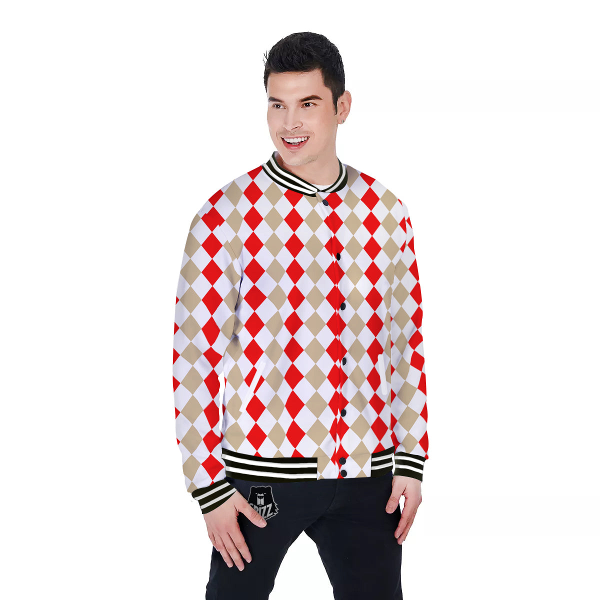 Red Beige And White Argyle Print Pattern Baseball Jacket-grizzshop