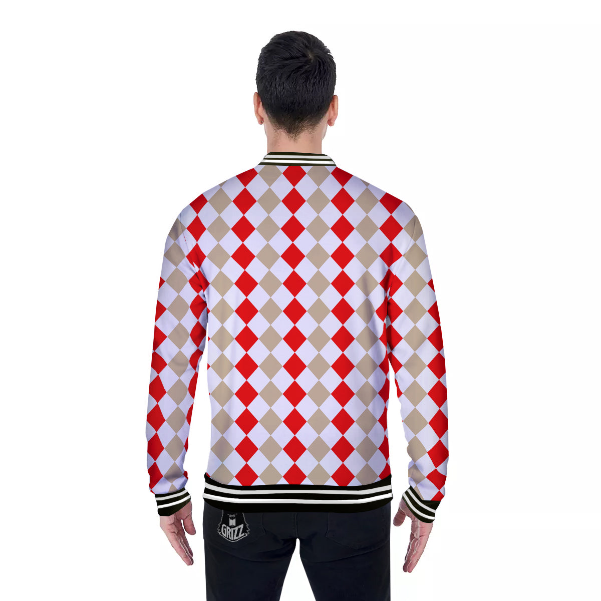 Red Beige And White Argyle Print Pattern Baseball Jacket-grizzshop