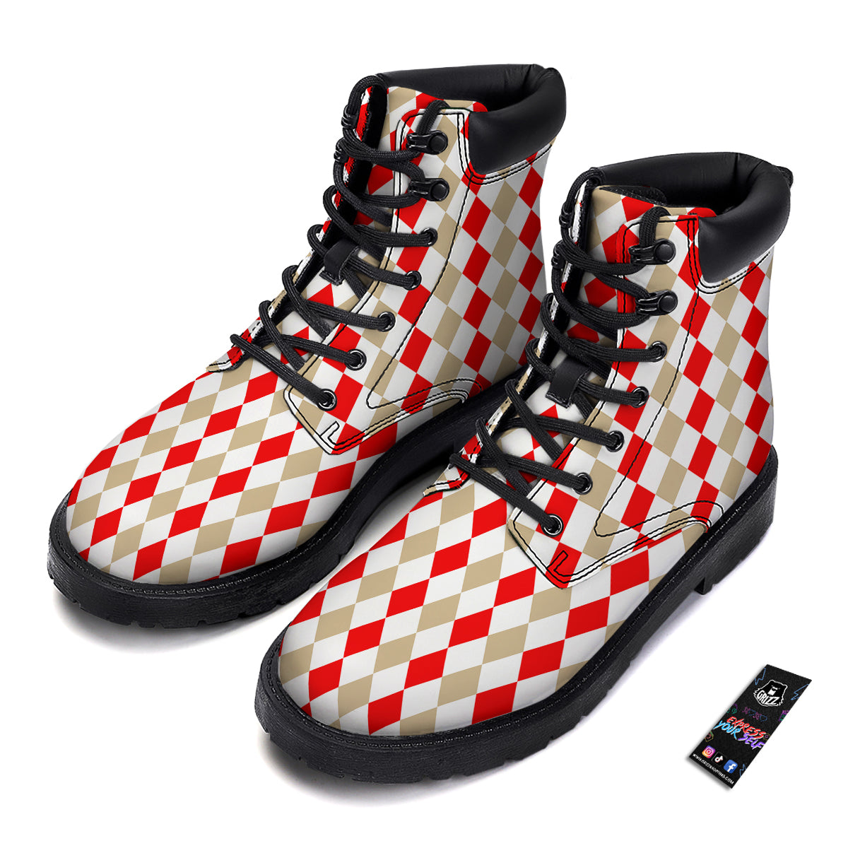 Red Beige And White Argyle Print Pattern Boots-grizzshop