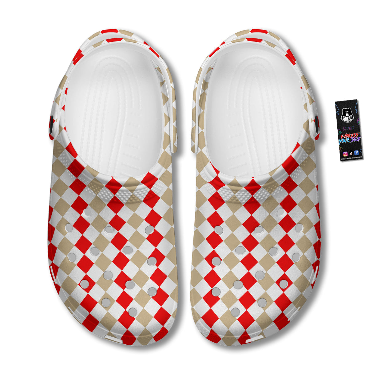 Red Beige And White Argyle Print Pattern Clog-grizzshop