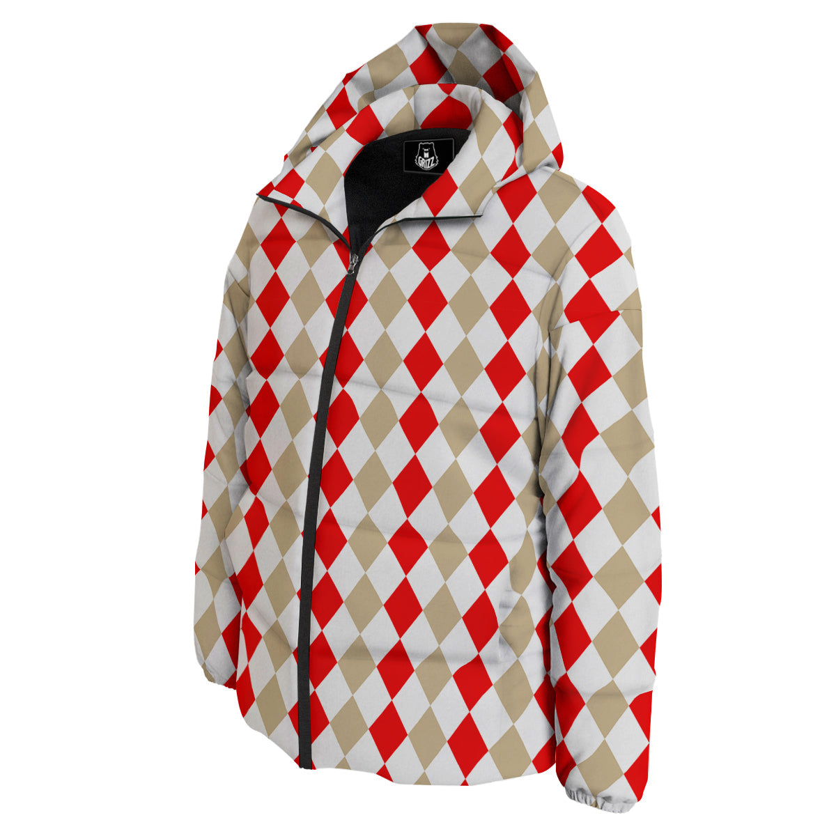 Red Beige And White Argyle Print Pattern Down Jacket-grizzshop