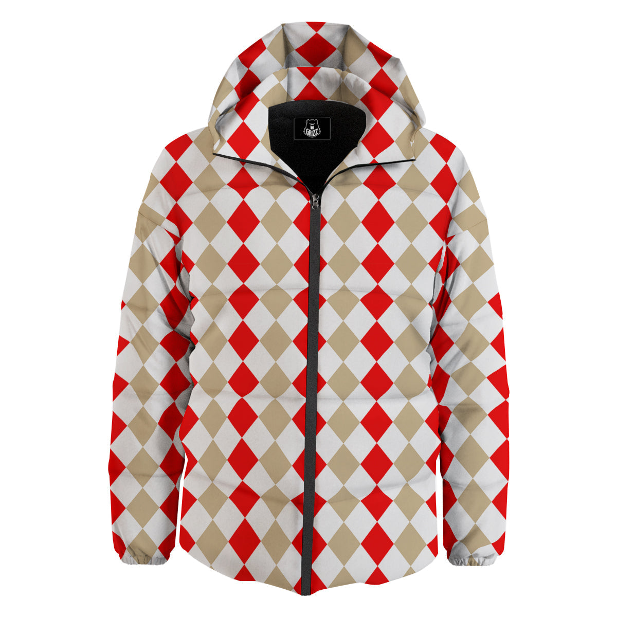 Red Beige And White Argyle Print Pattern Down Jacket-grizzshop