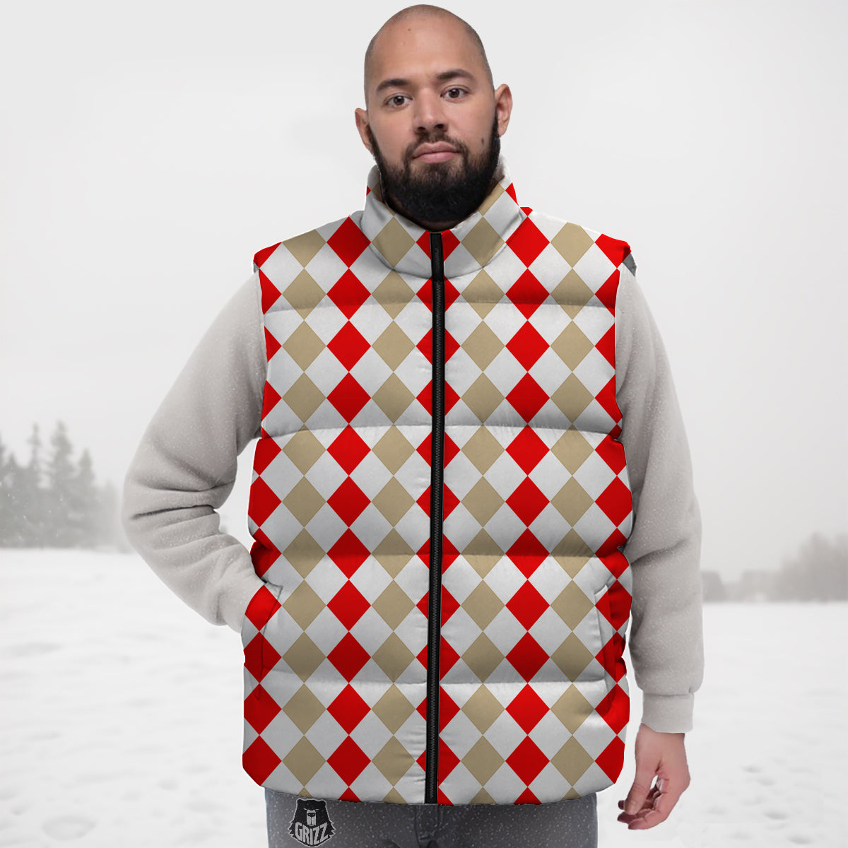 Red Beige And White Argyle Print Pattern Down Vest-grizzshop