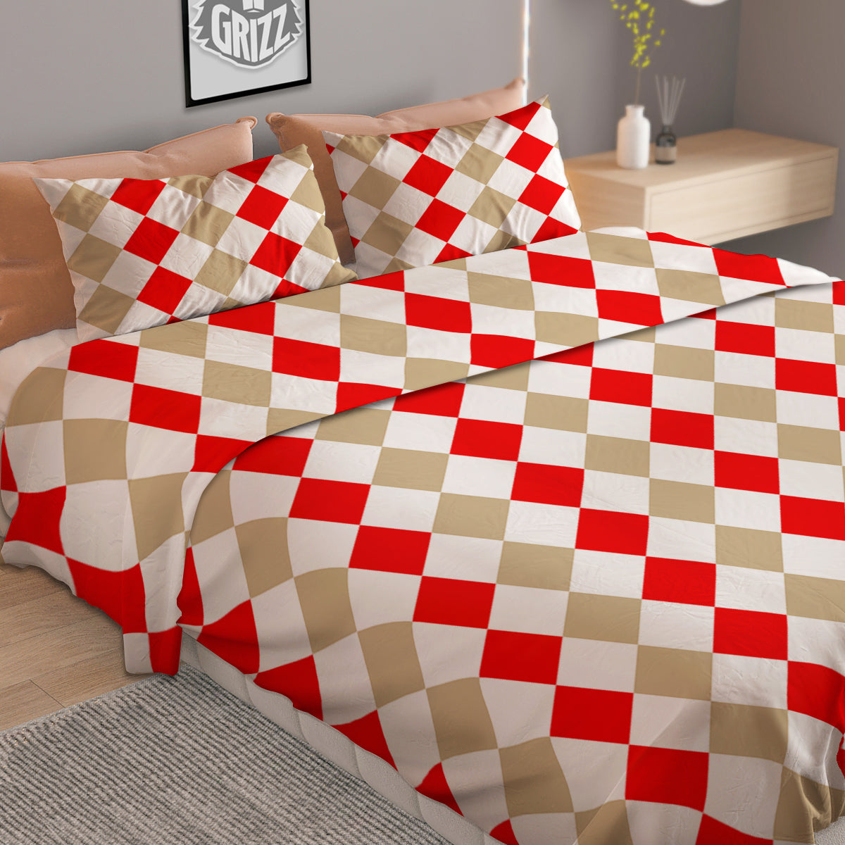 Red Beige And White Argyle Print Pattern Duvet Cover Bedding Set