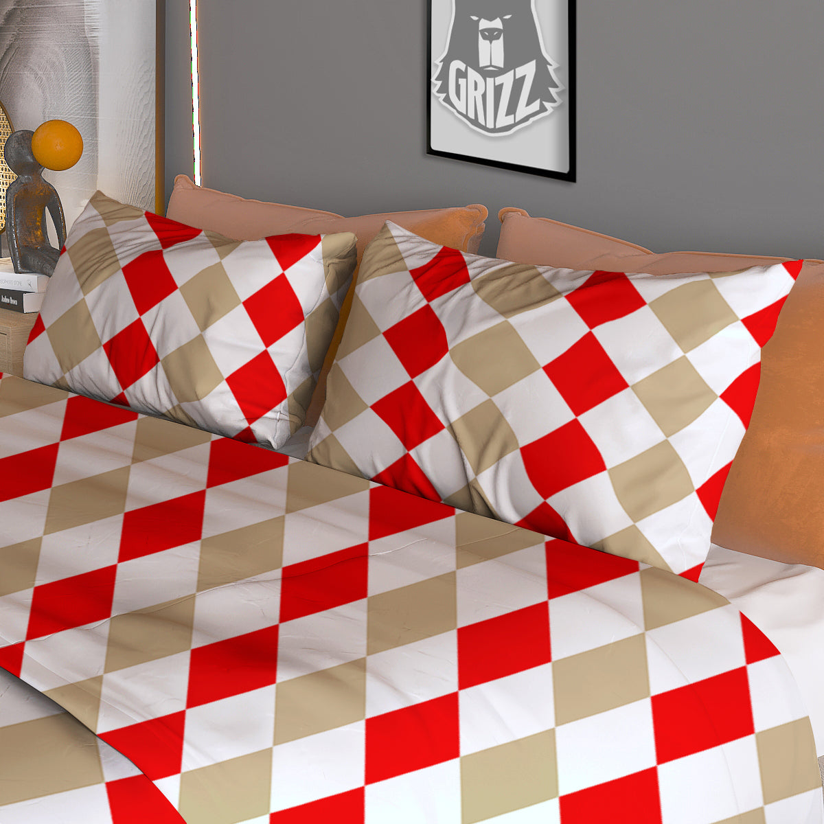 Red Beige And White Argyle Print Pattern Duvet Cover Bedding Set