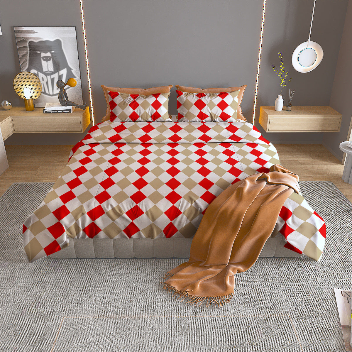 Red Beige And White Argyle Print Pattern Duvet Cover Bedding Set