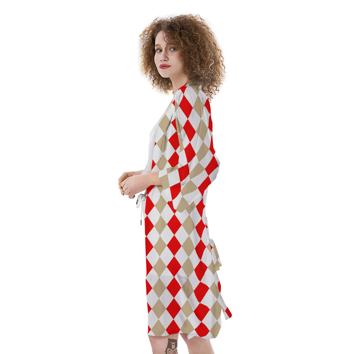 Red Beige And White Argyle Print Pattern Kimono-grizzshop