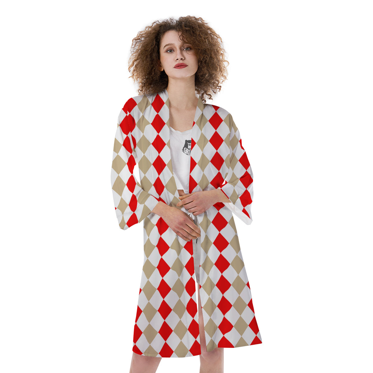Red Beige And White Argyle Print Pattern Kimono-grizzshop