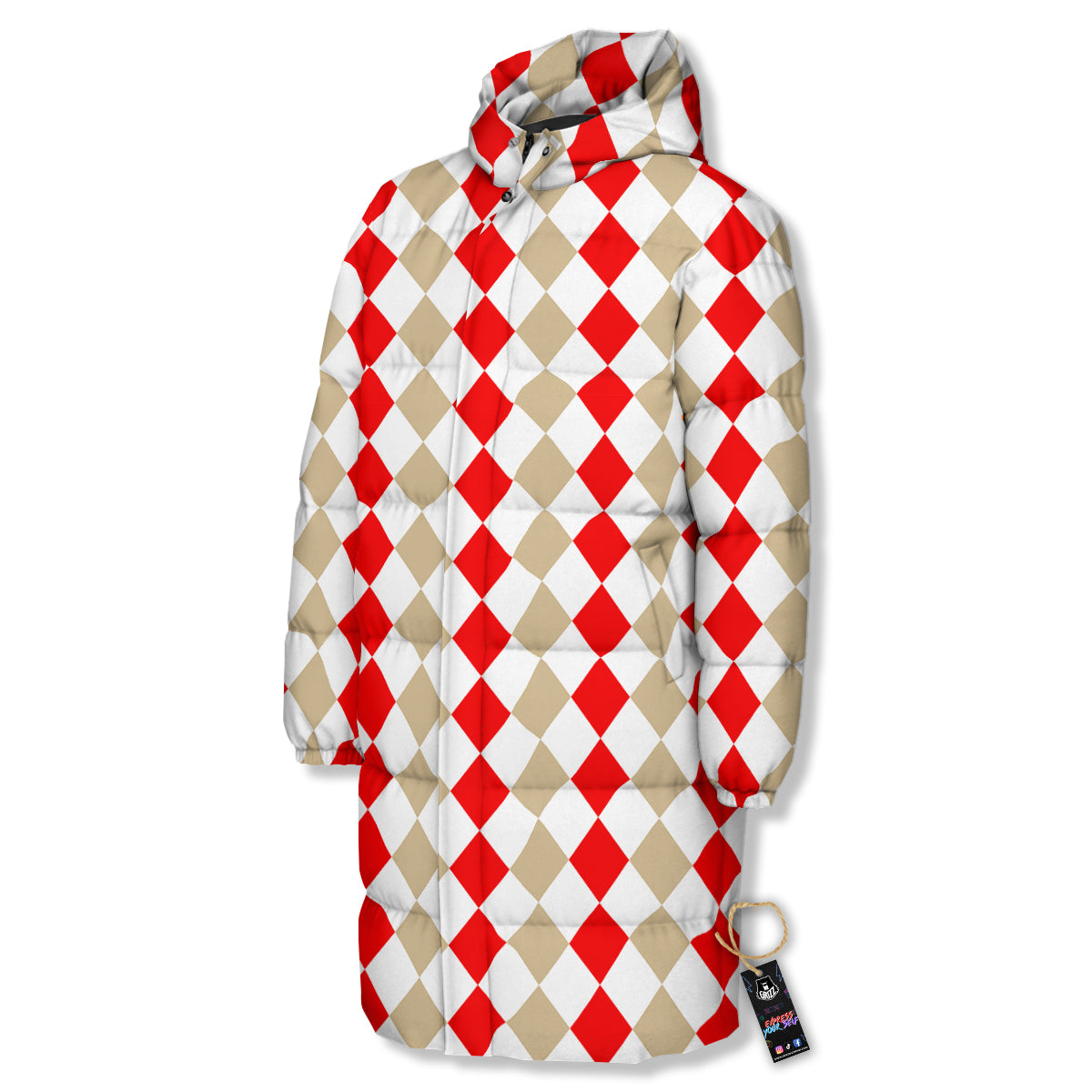 Red Beige And White Argyle Print Pattern Long Down Jacket-grizzshop