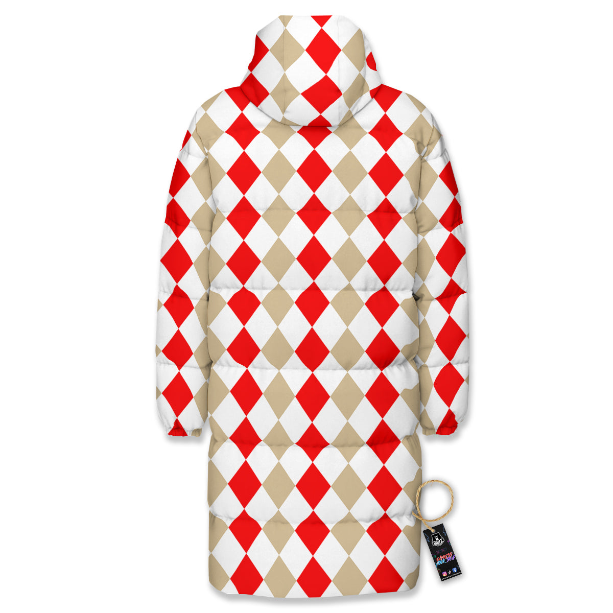 Red Beige And White Argyle Print Pattern Long Down Jacket-grizzshop
