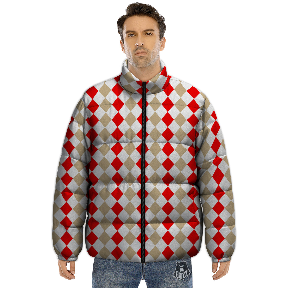 Red Beige And White Argyle Print Pattern Puffer Jacket-grizzshop