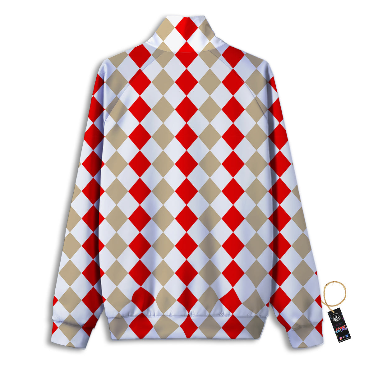 Red Beige And White Argyle Print Pattern Track Jacket-grizzshop