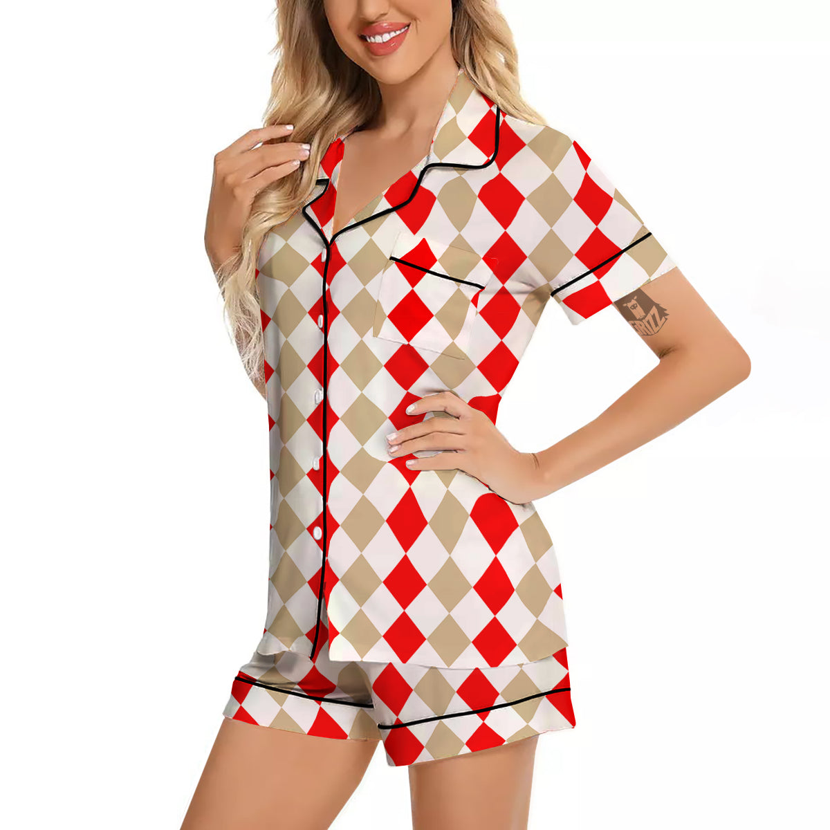 Red Beige And White Argyle Print Pattern Women Silk Pajamas-grizzshop