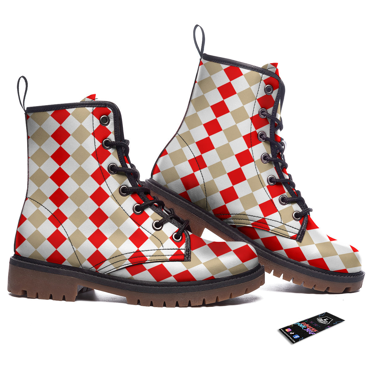 Red Beige And White Argyle Print Pattern Work Boots-grizzshop