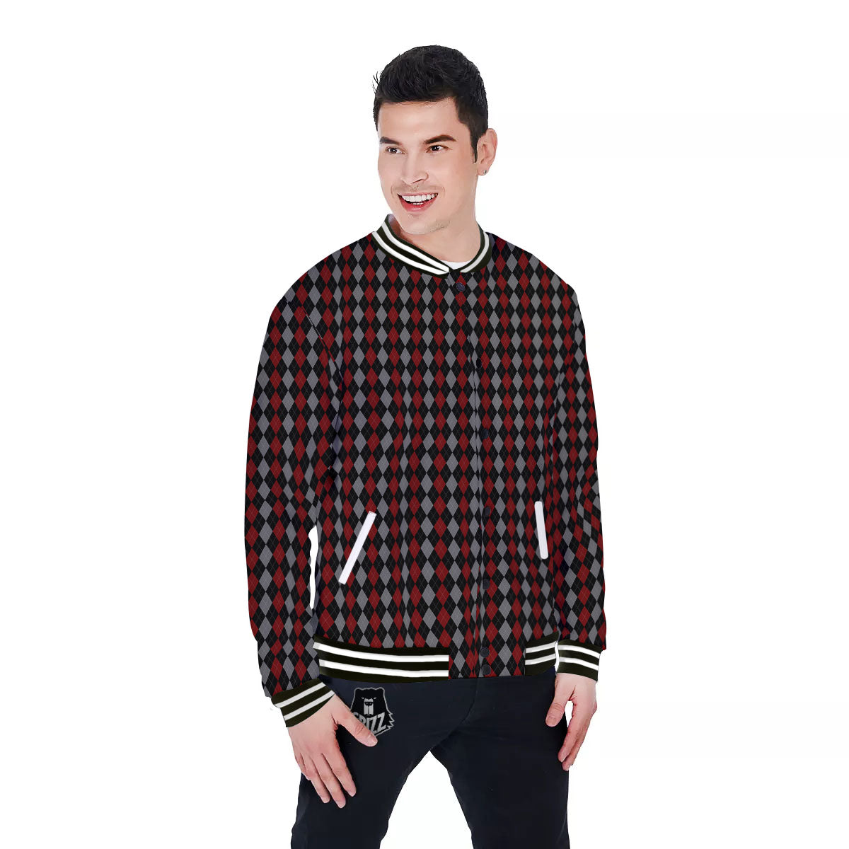 Red Black And Grey Argyle Print Pattern Baseball Jacket-grizzshop