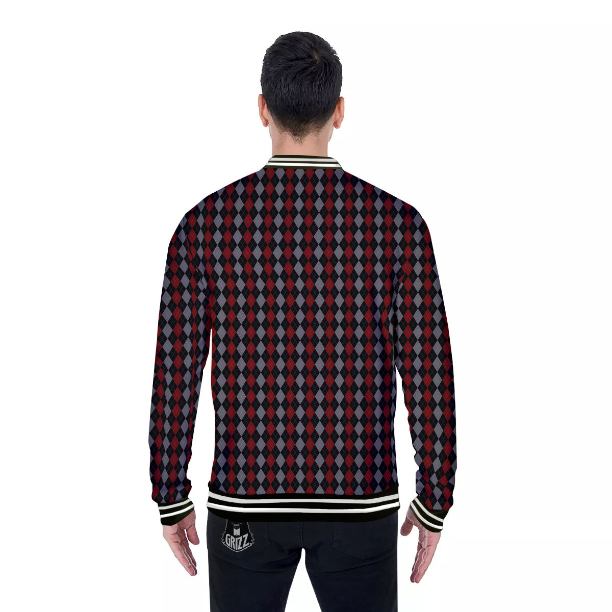 Red Black And Grey Argyle Print Pattern Baseball Jacket-grizzshop