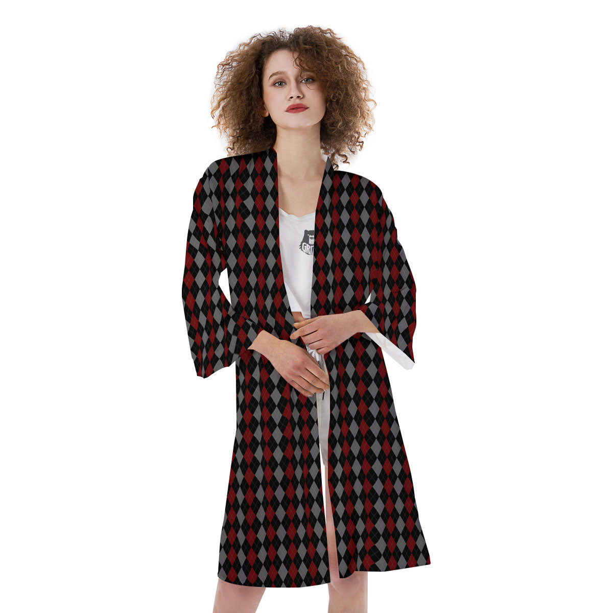 Red Black And Grey Argyle Print Pattern Kimono-grizzshop