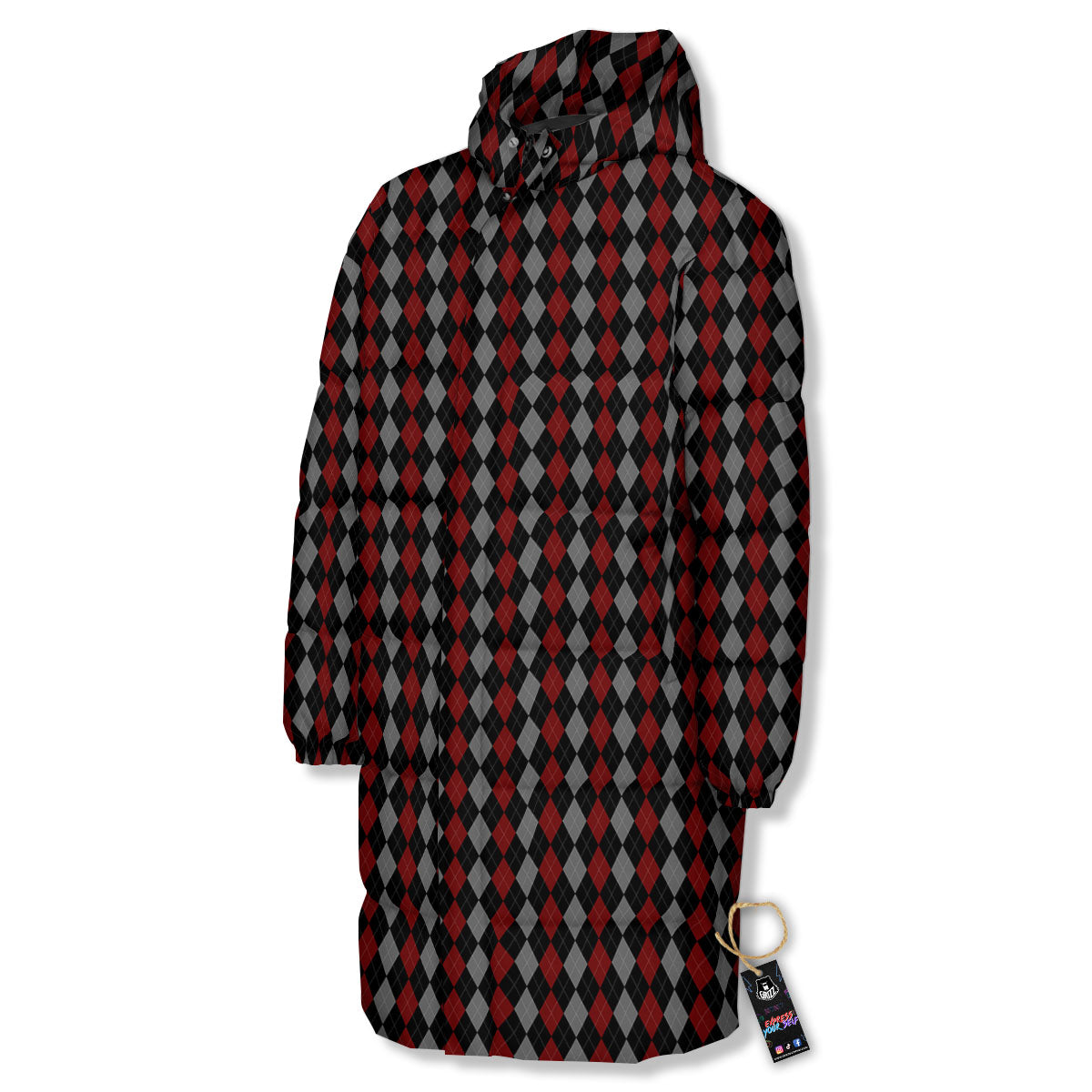 Red Black And Grey Argyle Print Pattern Long Down Jacket-grizzshop