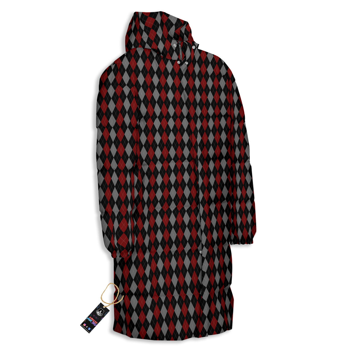 Red Black And Grey Argyle Print Pattern Long Down Jacket-grizzshop