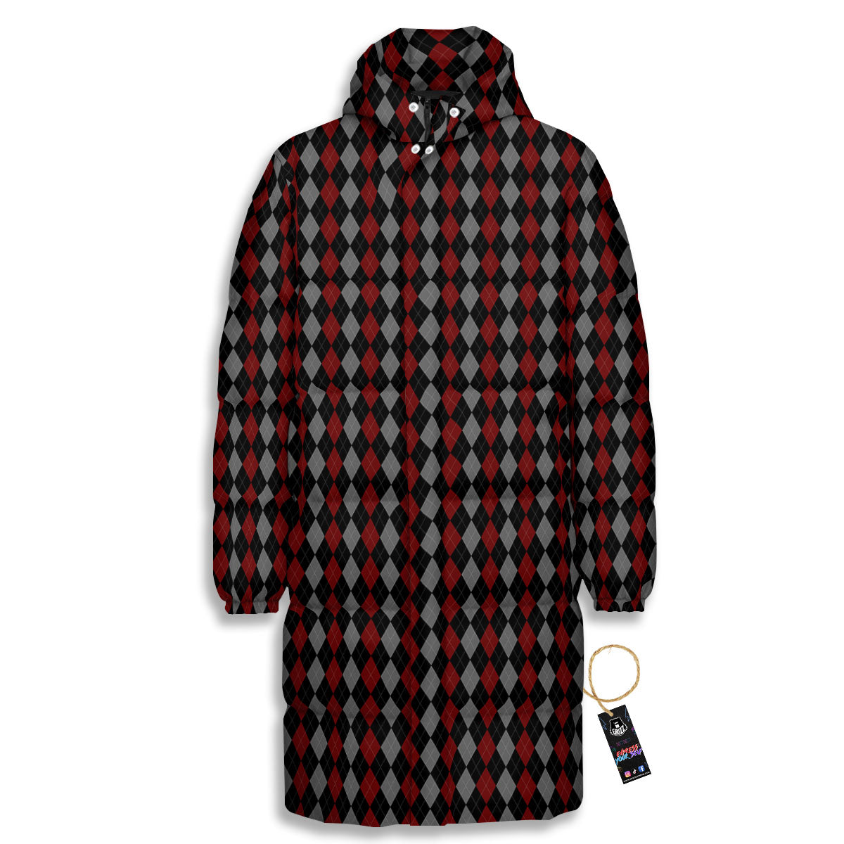 Red Black And Grey Argyle Print Pattern Long Down Jacket-grizzshop