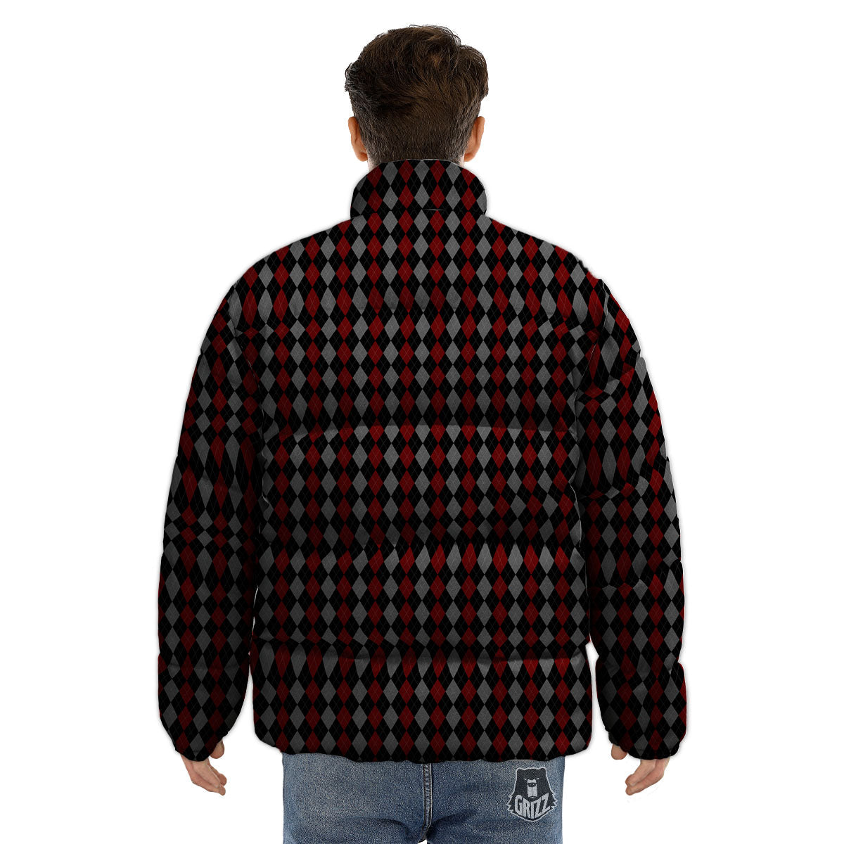 Red Black And Grey Argyle Print Pattern Puffer Jacket-grizzshop