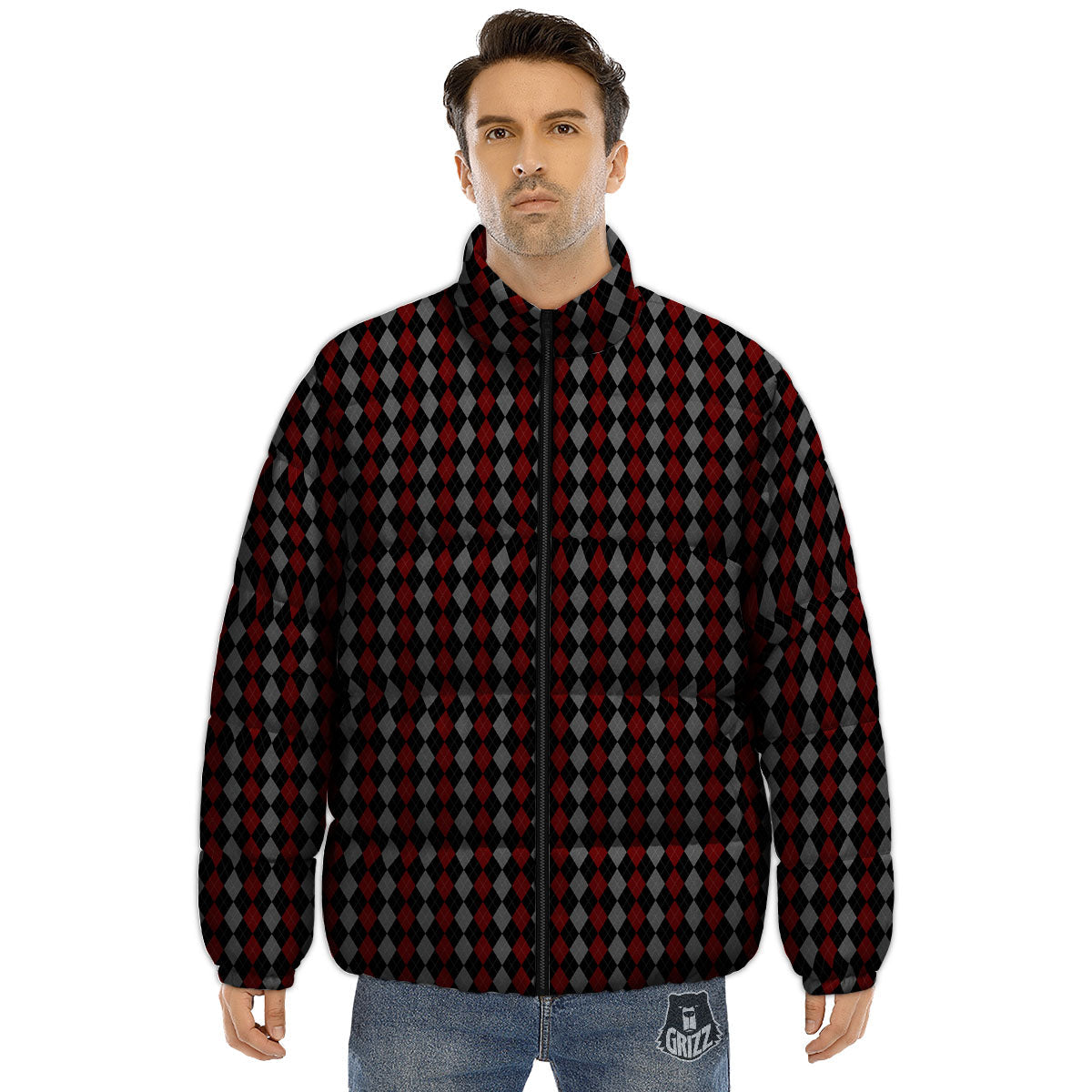 Red Black And Grey Argyle Print Pattern Puffer Jacket-grizzshop