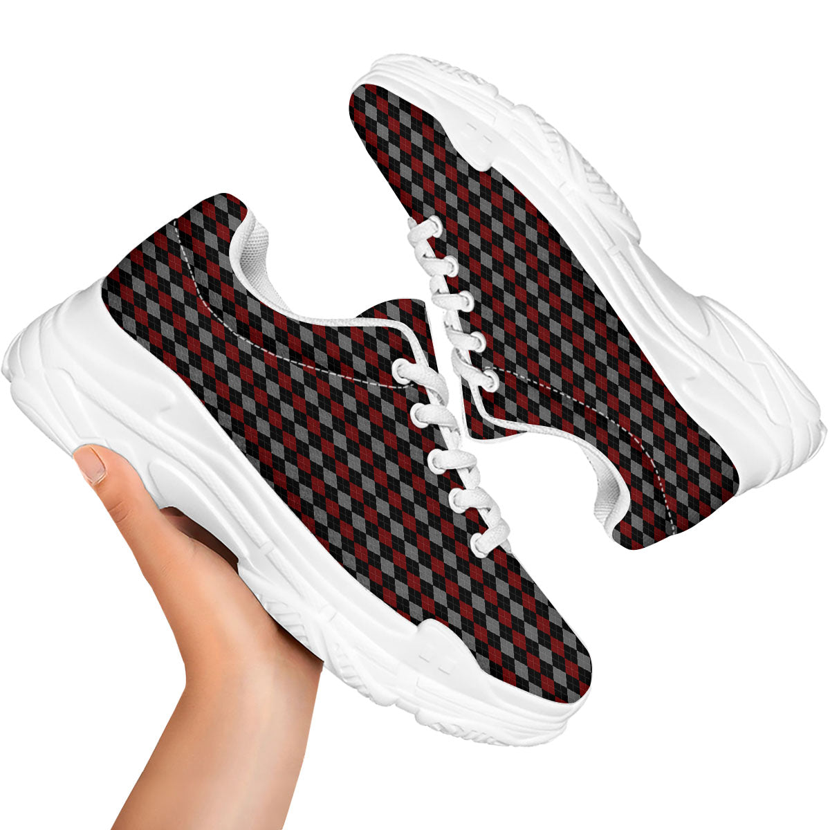Red Black And Grey Argyle Print Pattern White Chunky Shoes-grizzshop